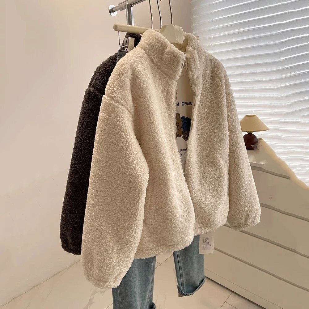 Thickened Lamb Fur Jacket Stand Collar Women's Casual Zipper Coat Winter Outerwear Simulation Sheepskin Full Sleeve Coats