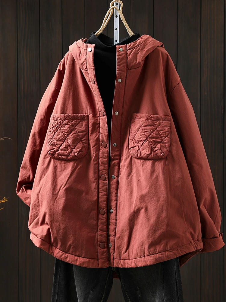 

Женские повседневные пальто с длинным рукавом, новинка 2025, осень, винтажный стиль, однотонные свободные женские куртки с капюшоном и двойными карманами T779