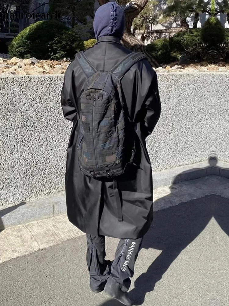 Mauroicardi Primavera Autunno Lungo Fresco Oversize Impermeabile Nero Trench da Uomo con Spacco Posteriore Monopetto Capispalla Allentato