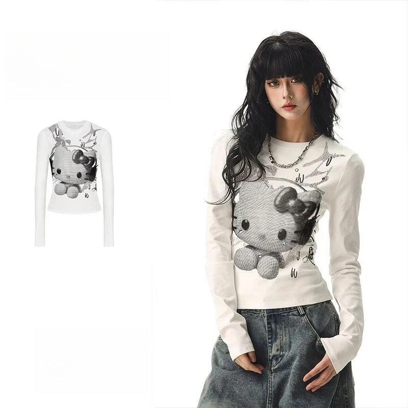

Новинка 2026! Женская футболка из чистого хлопка с креативным принтом Hello Kitty, облегающий топ в уличном стиле Y2K