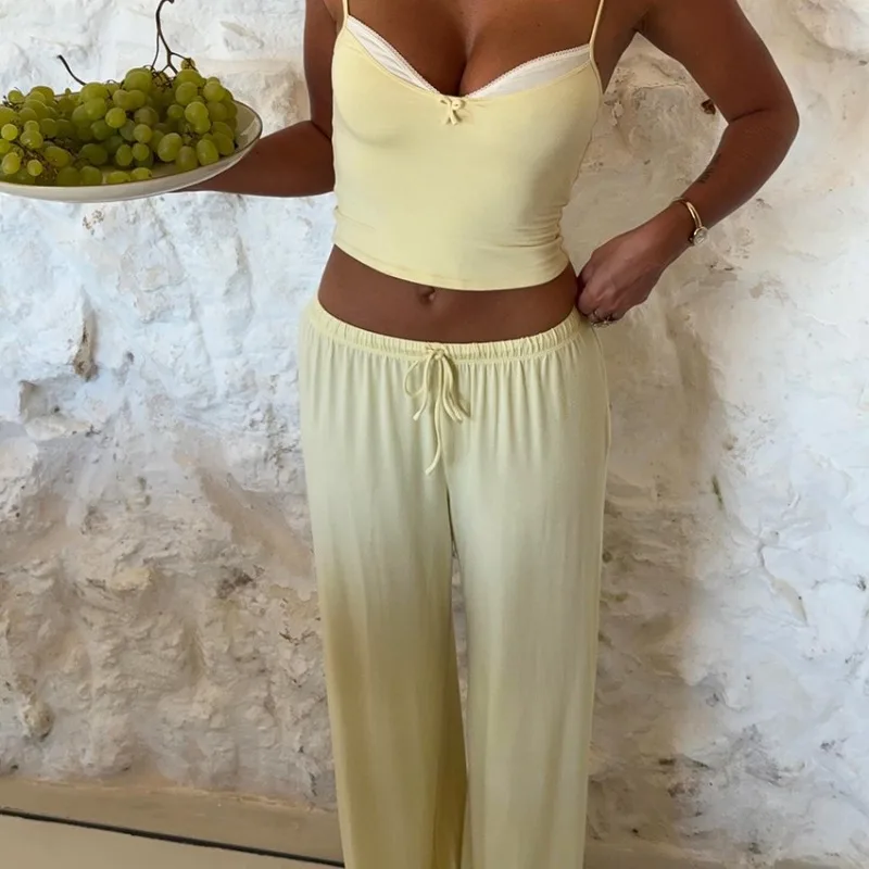 

Удобный повседневный женский домашний комплект: пижама с комбинированным дизайном, брюки на завязках с бантом, размер L, 2 предмета