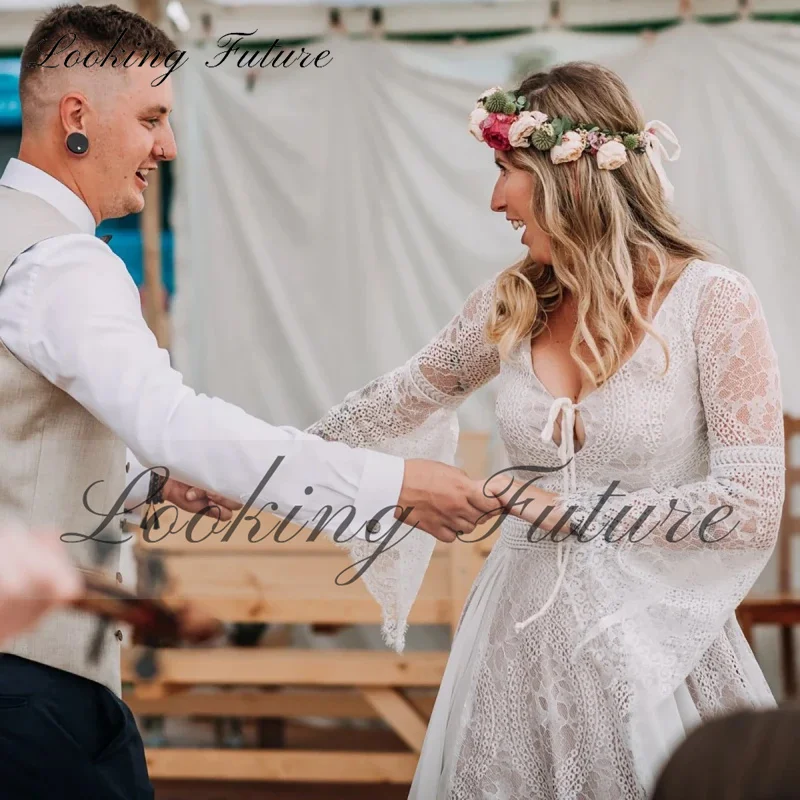 Vestido de Novia moderno de encaje de tul, línea A, cuello en V, manga de murciélago, vestido de Novia Vintage con espalda abierta, cola de corte de Novia 2025 personalizado