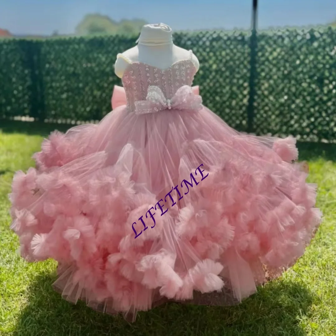 تخصيص السباغيتي الأشرطة زهرة فتاة فستان ألف خط مطوي الكشكشة الديكور فستاين سهرة/فساتين الحفلات مع القوس تول أول بالتواصل عيد ميلاد P