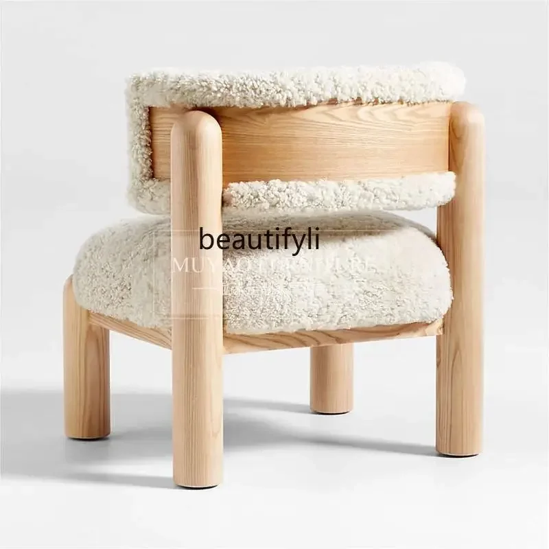 182Q Nordic solid wood sofa chair modern simple chair log color imitation lamb plush leisure chair