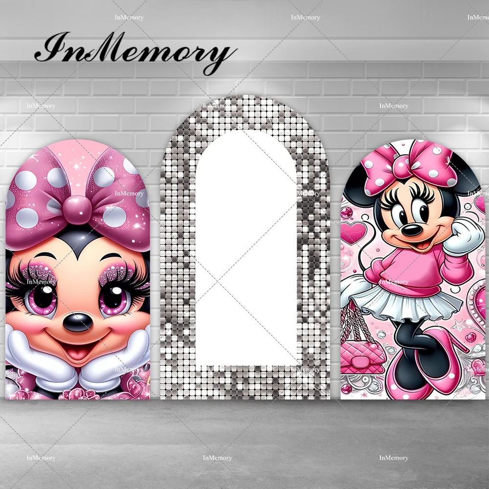 Pink Cute Dance Minnie Mouse Arch Backdrop Cover Glitter Silver Sequin Printing Chiara Wall Backgrounds Supplier