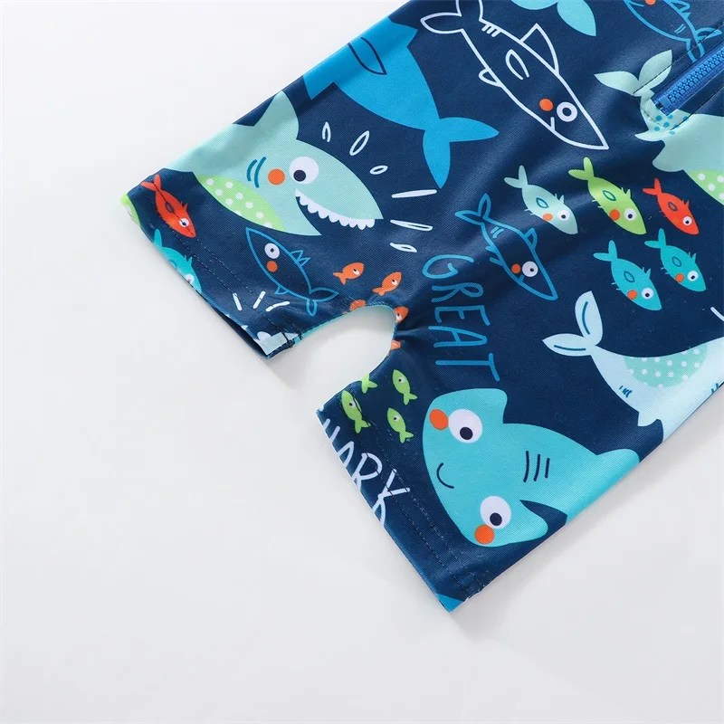 Newborn Baby Infant Boys Swimsuit Cartoon Shark Print Short Sleeve Round Neck Half Zipper Bathing Suit Swimwear Beachwear