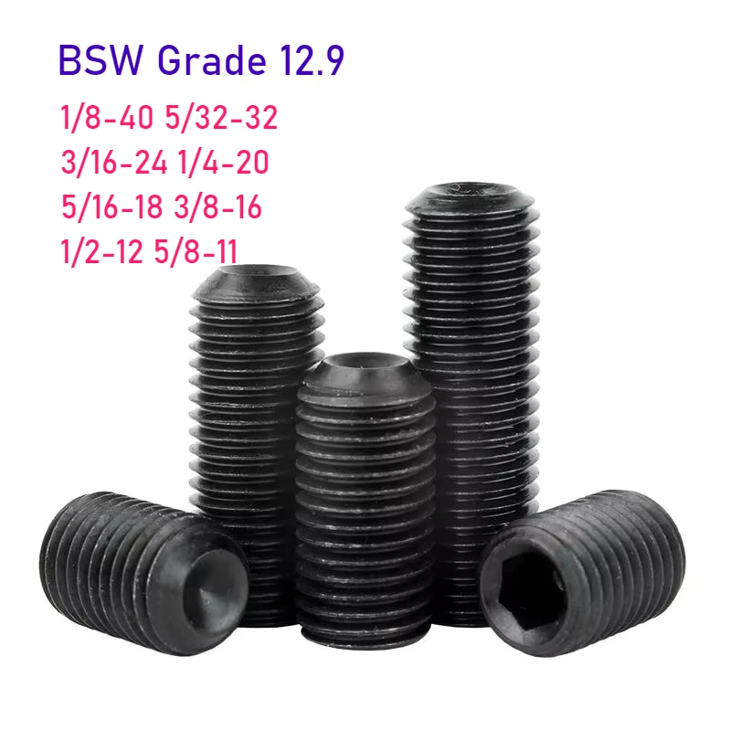 Maosu BSW 1/8 5/32 3/16 1/4 5/16 3/8 1/2 5/8 Inch Grade 12.9 Hex Socket Cup Point Set Screws Headless Concave End Grub Bolt