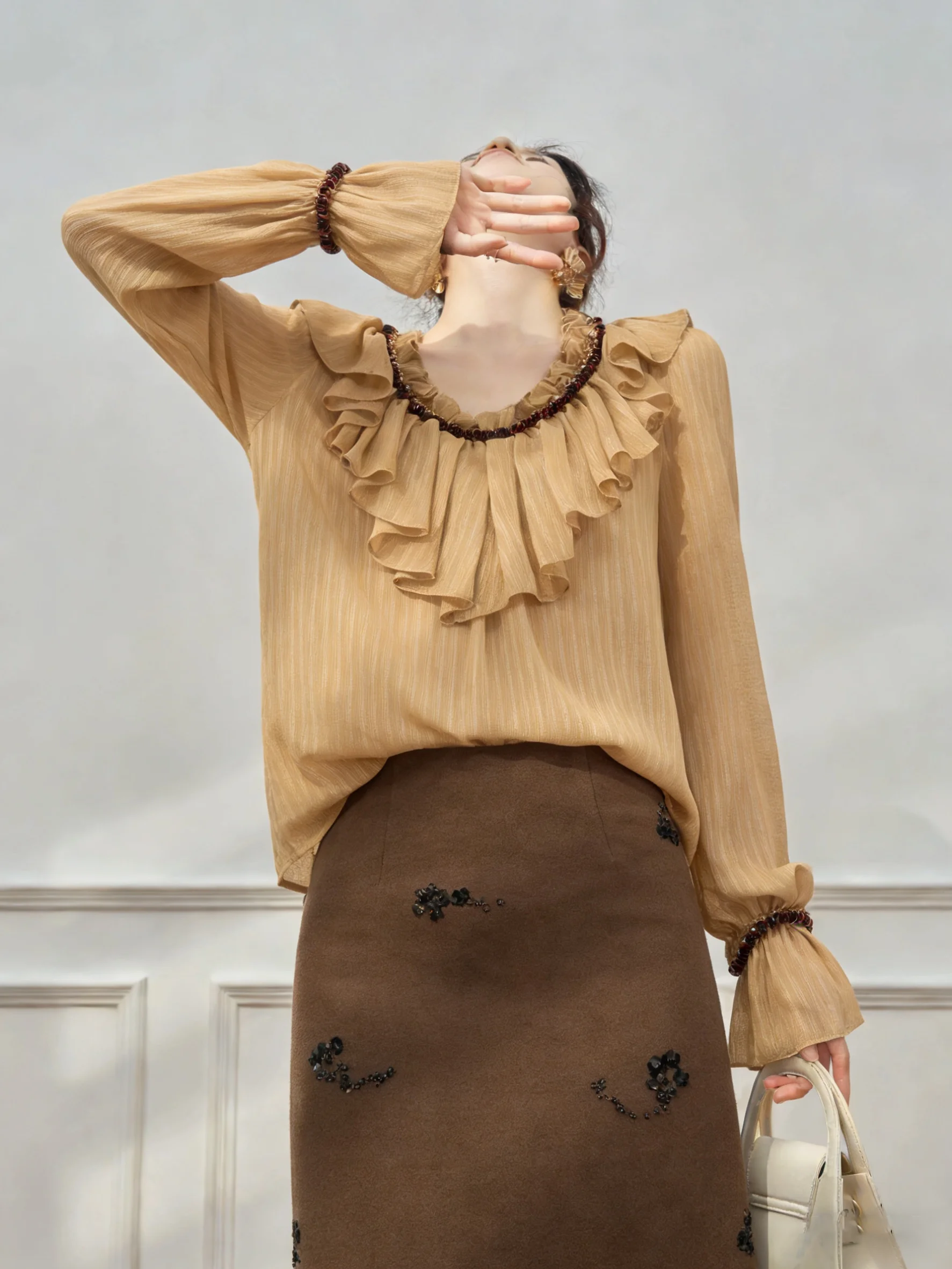 

Brown irt And Skirt Set Women's Spring Faion Bell Sve Blouse High Waist Midi Skirt Two Piece Outfit V Ne Casual Wear