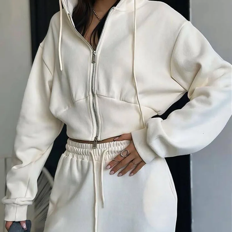 

Зимний женский комплект с капюшоном 2026, спортивный костюм на молнии и брюки на шнурке, наряд из двух предметов, повседневная одежда для дома