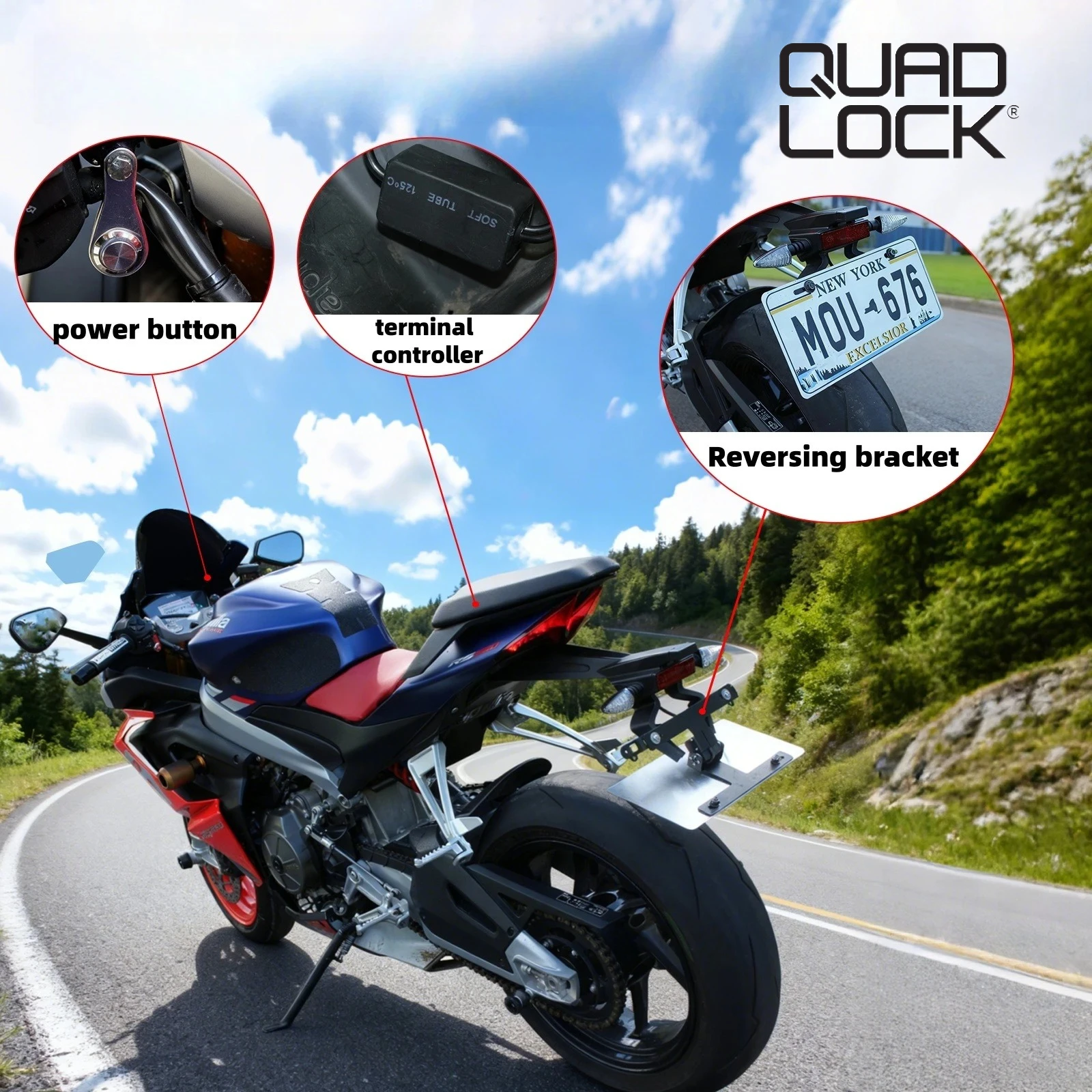 

QUAD LOCK For Yamaha Kawasaki CFMOTO these motorcycles feature an automatic license plate holder that folds,one-button start