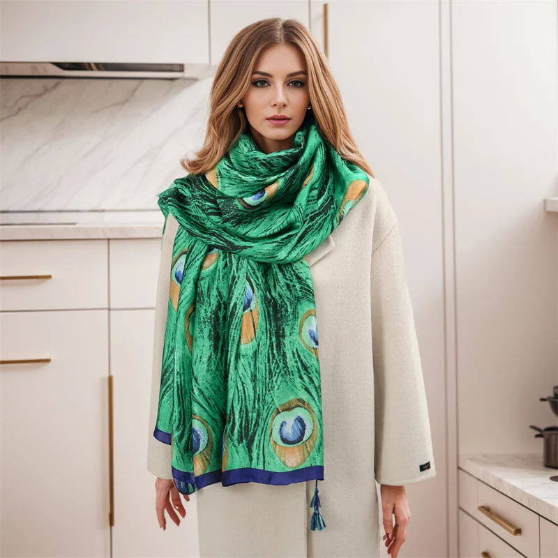 New Luxury Peacock Silk Shawl Scarf Women Print Design Pashmina Neckerchief Wrap 2023 Muslim Head Turban Bandana Foulard Echarpe