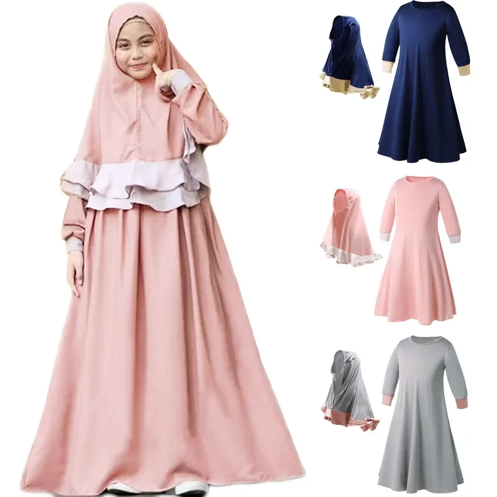 Muslim Children Girls 2 Pieces Prayer Maxi Dress Hijab Abaya Ramadan Sets Arab Kids Headscarf Long Robe Islamic Eid Chador Gown