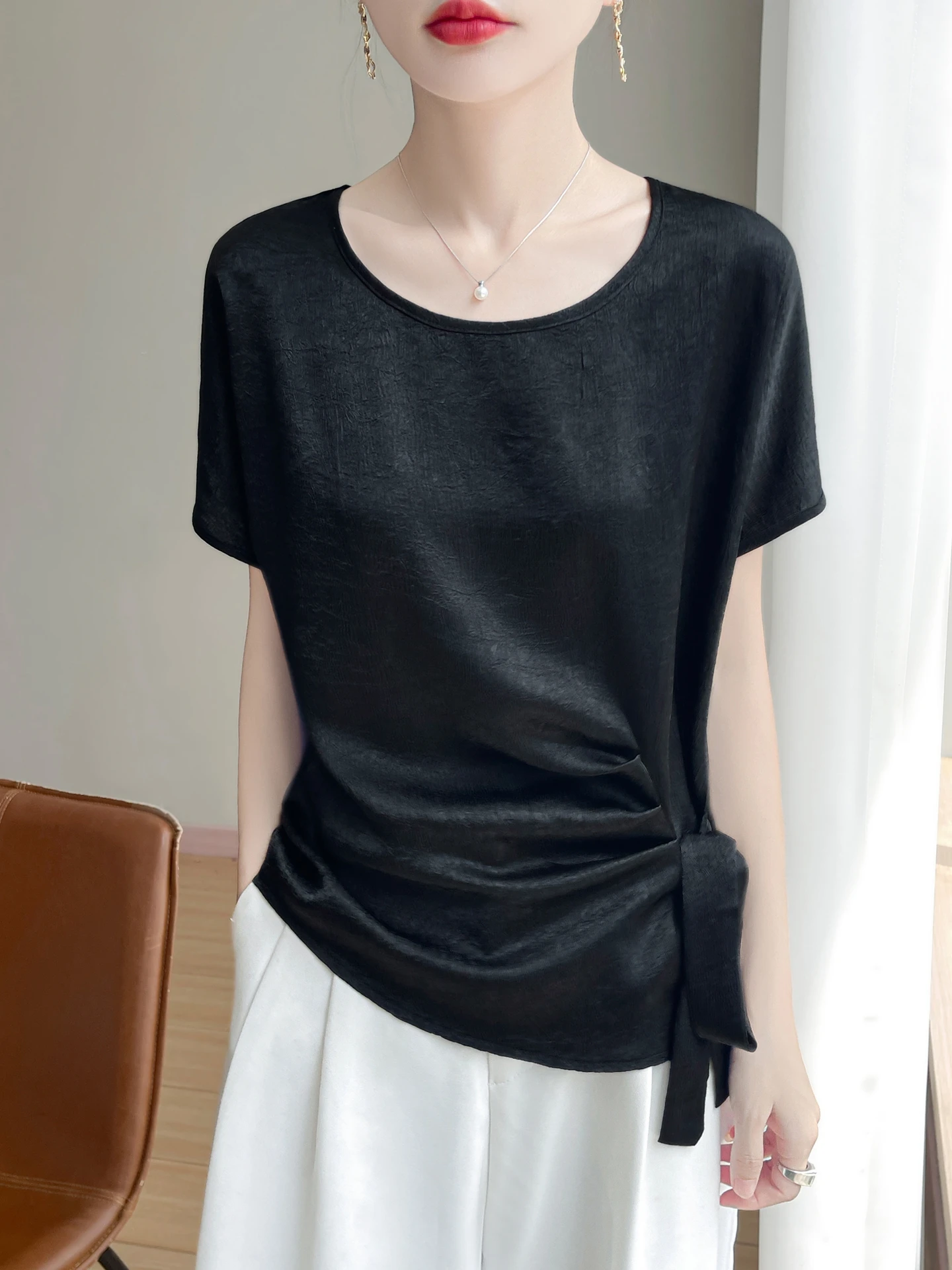 Slimming Satin Short Sleeve Women's Top Asymmetrical Pleated Commute Style Loose Fit Moisture Wicking Breathable round Neck