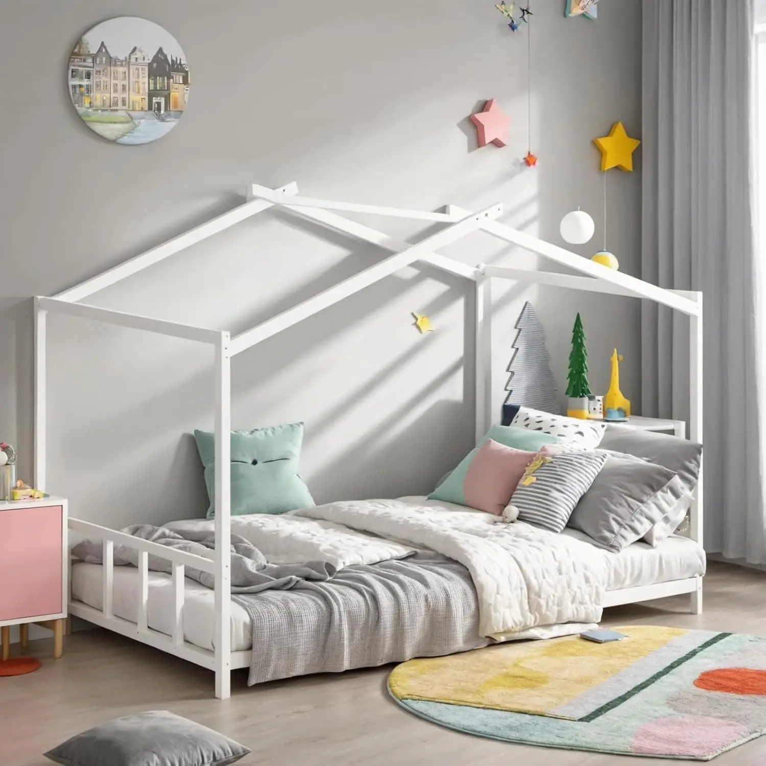 Roof Design for Kids, Girls, Boys,Montessori Floor Bedframe for Small Space,Easy Assembly & No Box Spring Needed, White