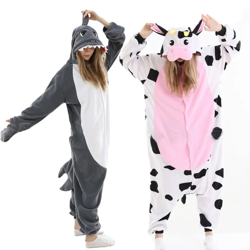 New Autumn and Winter Quality Fleece One-piece Nightwear Cartoon Cow Home Wear Couple Shark Pajamas Long Sleeve Loungewear