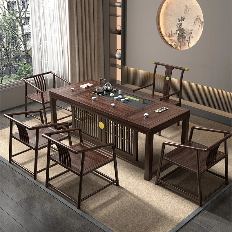 Table et chaises en bois d'ébène massif HYS, style chinois moderne et simple, ensemble intégré pour la maison, le bureau ou comme table basse.