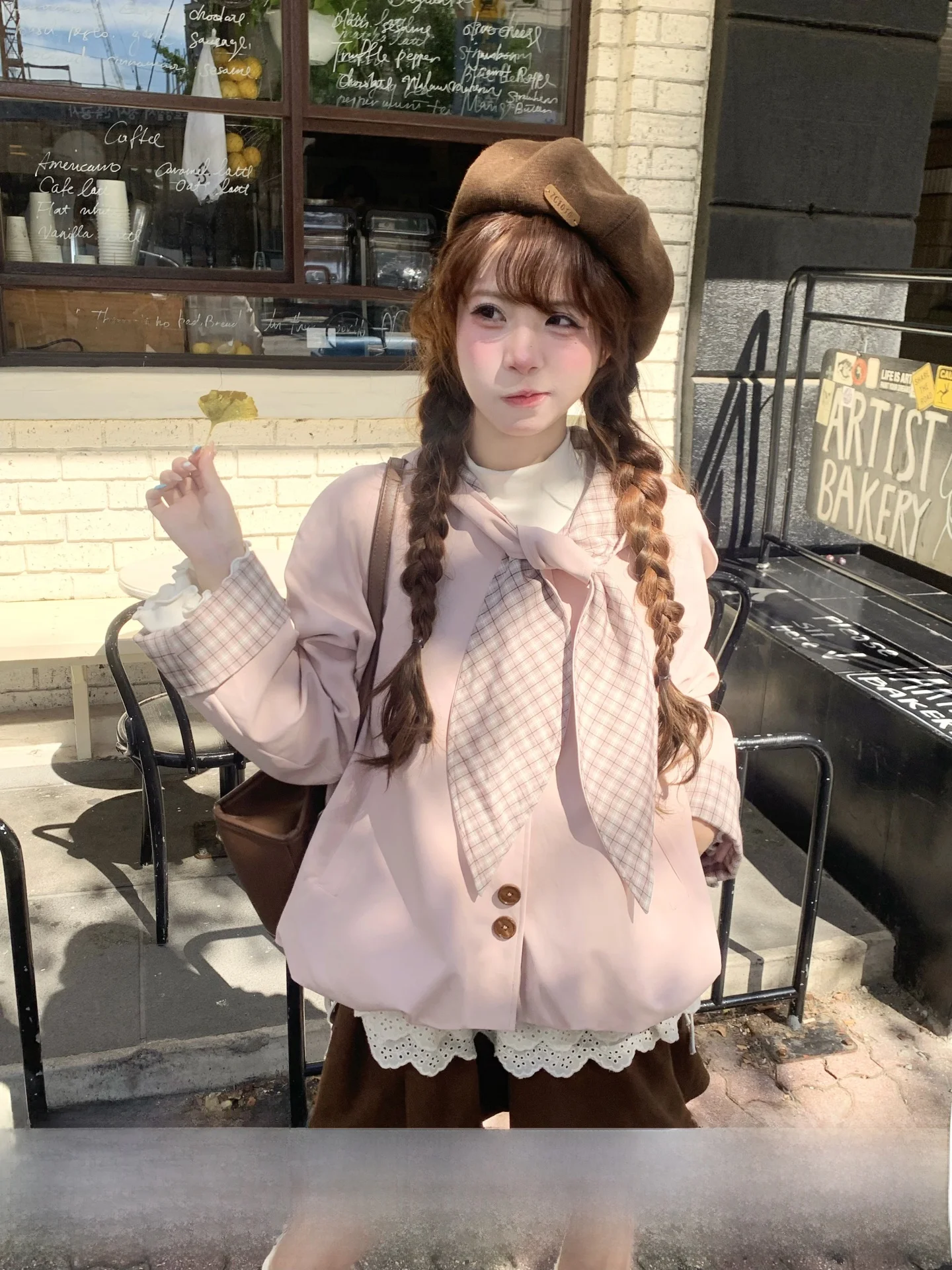 Pink Plaid Lace Splicing Short Skirt Inner Wear Coffee Color Girl's Style Long Sleeve Coat Standard Fit Pure E-commerce Sale
