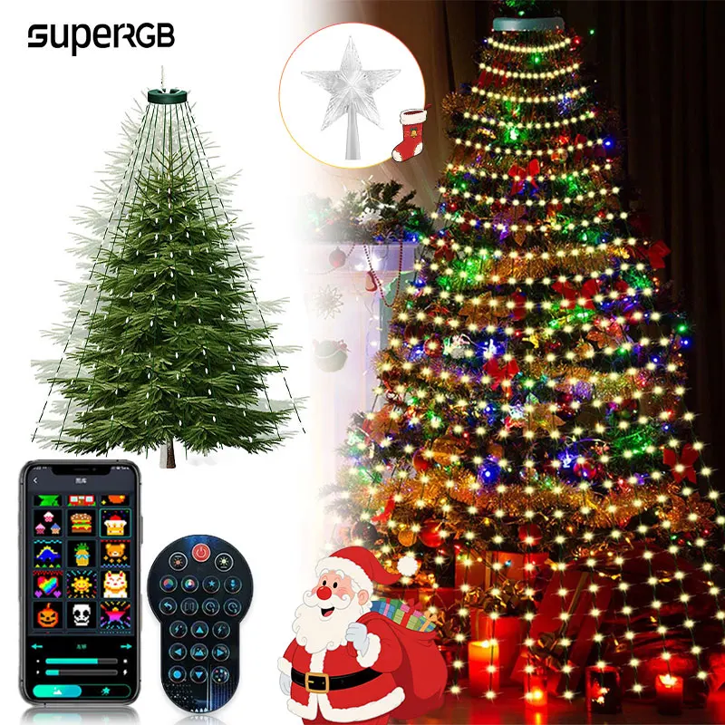クリスマスツリーライト-スマートrgb-ledストリングライト-スタートッパー付き-音楽同期タイマー-bluetoothアプリ制御-ホリデー照明