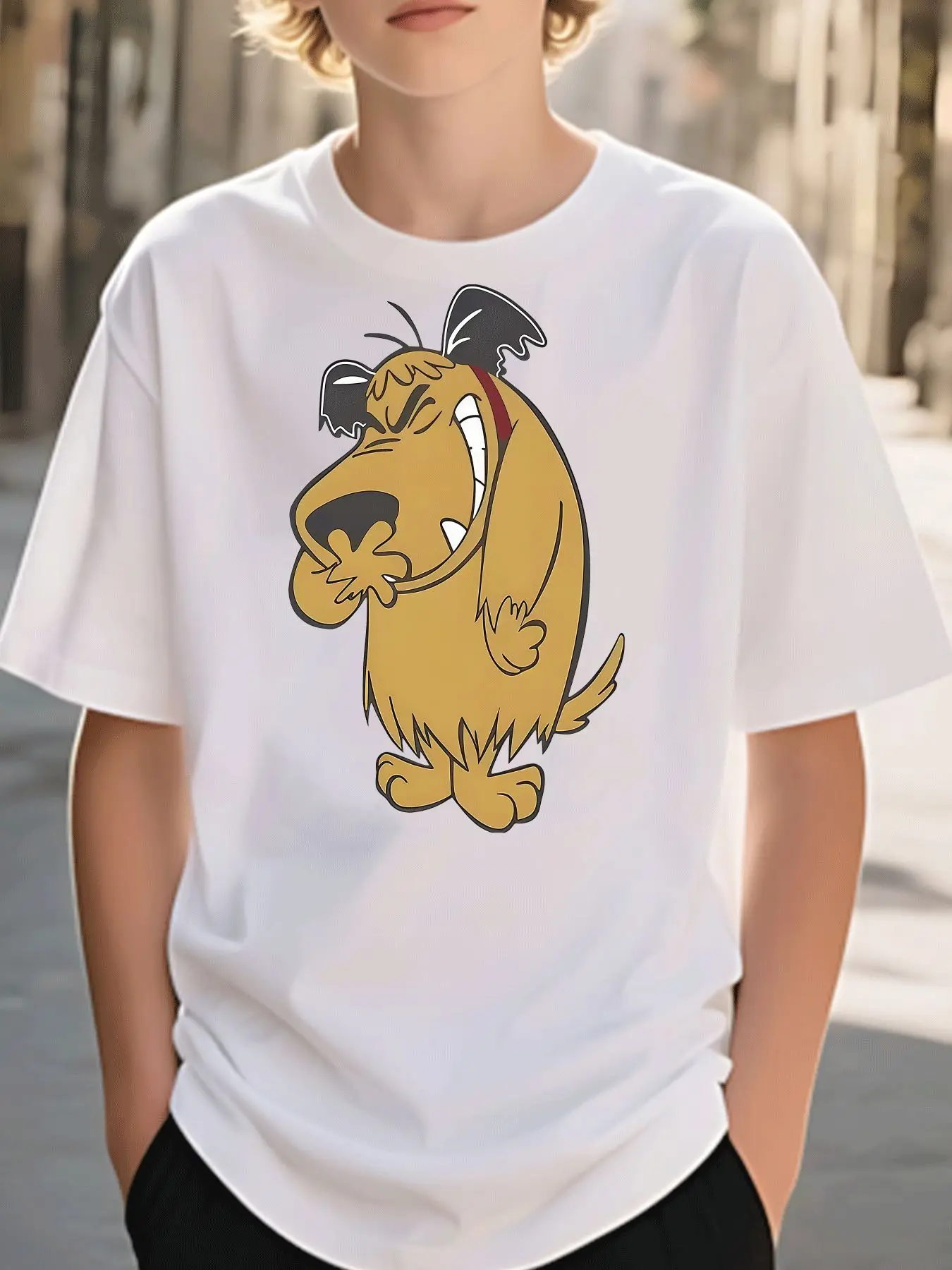 Cartoon Muttley Laughing Dog Family Matching Cotton T Shirts Short Sleeve Crew Neck Summer Tees For Mom Dad Boys Girls Daily Top