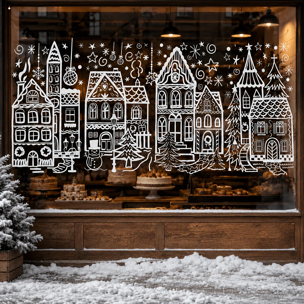 4 Sheets Christmas Window Clings, White Line Art Winter Town House Snowman Glass Decals, Xmas Holiday Removable Window Stickers