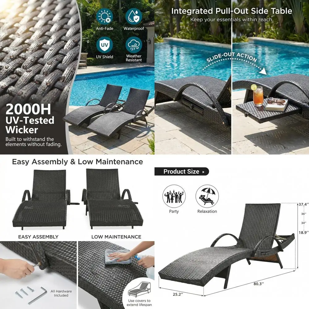 

Brown Rattan Outdoor Lounge Chairs with Pull-Out Side Table, 2-Piece Set, Adjustable Backrest for Patio or Garden