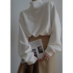 White Korean Fashion Women Winter T-Shirts New Half High Collar Long Sleeve Loose Drawstring Corset Affordable Solid Color Tops