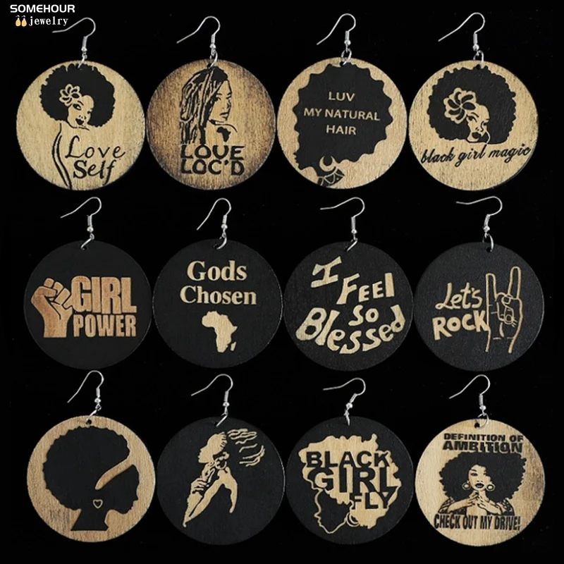 SOMEHOUR Engraved Black Girl Wooden Drop Earrings For Women Gifts God Blessed Inspired Sayings Locs Loops Rock Dangle Jewelry