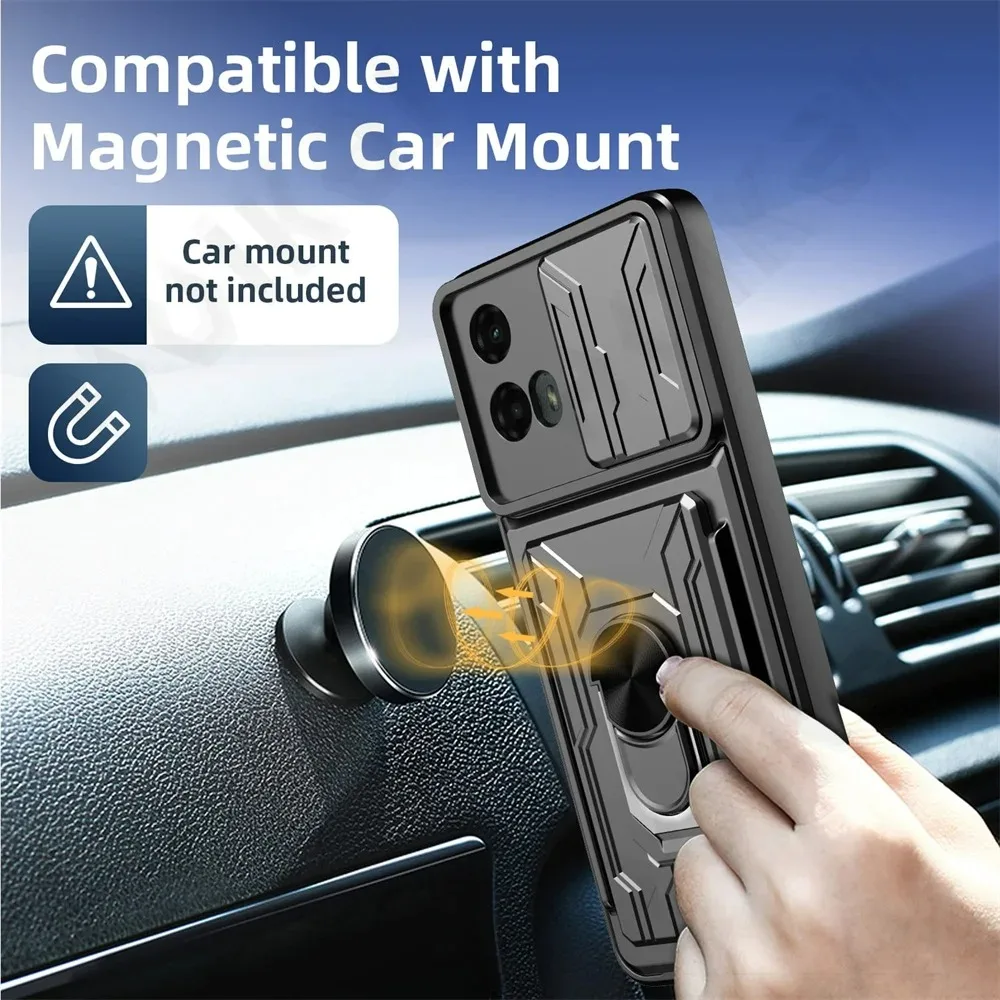 Etui na Motorola Moto Edge 60 50 Fusion Pro Neo G86 G56 G35 G15 z uchwytem na karty, wysuwaną osłoną aparatu, pierścieniem, podstawką, pancerne etui z podpórką.