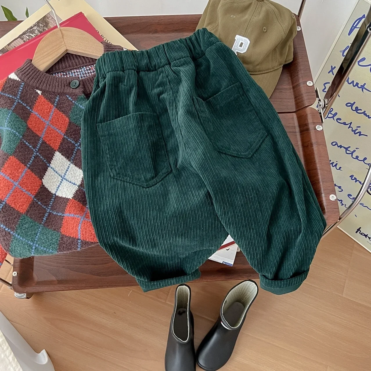 Korean Children Warm Clothes Kids Corduroy Thick Pants Casual Loose Wide Leg Wear Toddler Bloomers Girls Boys Green Trousers