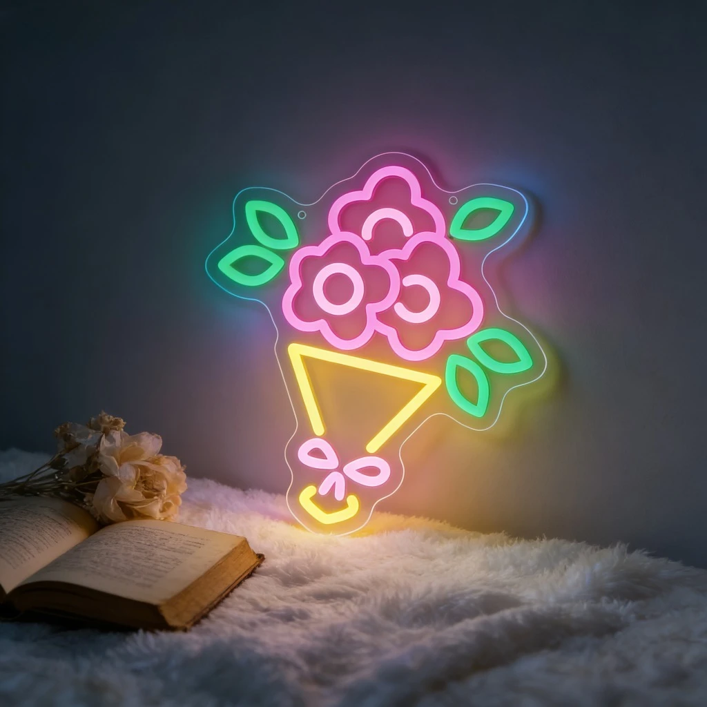 Flower Bouquet Neon Sign LED Light for Bedroom Living Room Decor USB Rechargeable Night Light Wall Art Gift for Valentine's Day