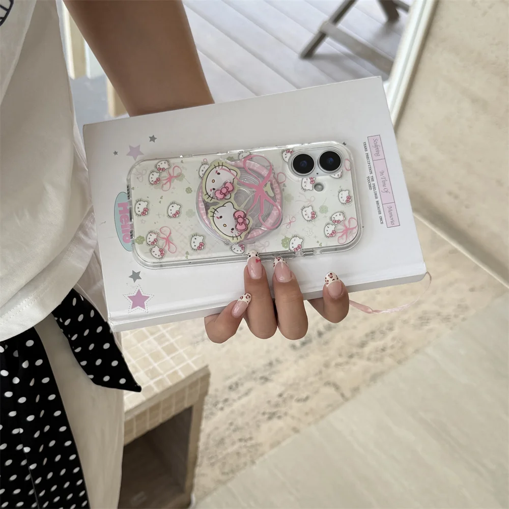 かわいいリボンのハローキティ、iPhone 14、15、16 Pro Max、14 Pro対応の新型スマホケース、マグネット式スタンド付き耐衝撃保護カバー1