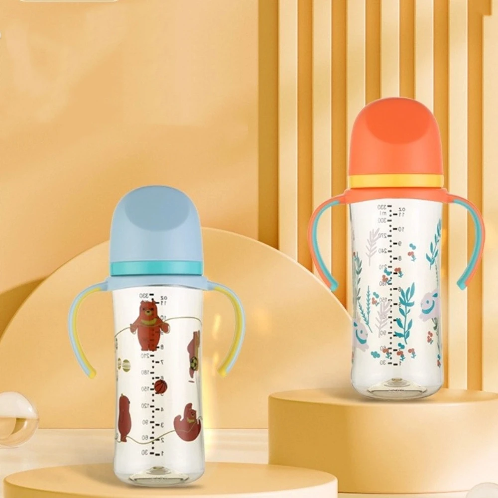 

Portable Cartoon Baby Milk Bottle with Handle Animal Pattern Newborn Bottle 330ml Transparent Toddler Milk Cup Baby Feeding