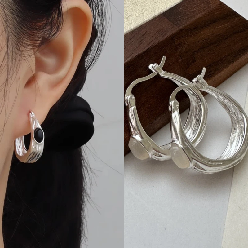 

925 Sterling Silver Geometry Irregularity Inlaid Oval Stones Hoop Earring for Women Fine Jewelry High Luxury Vintage Accessories