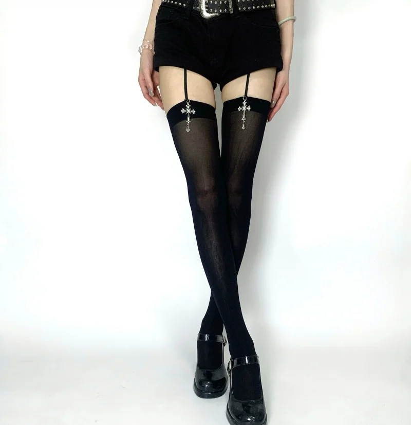 Medias de liguero con colgante de cruz para mujer, tipo fino, de tubo alto, estilo gótico oscuro, medias largas, atuendo sexy...