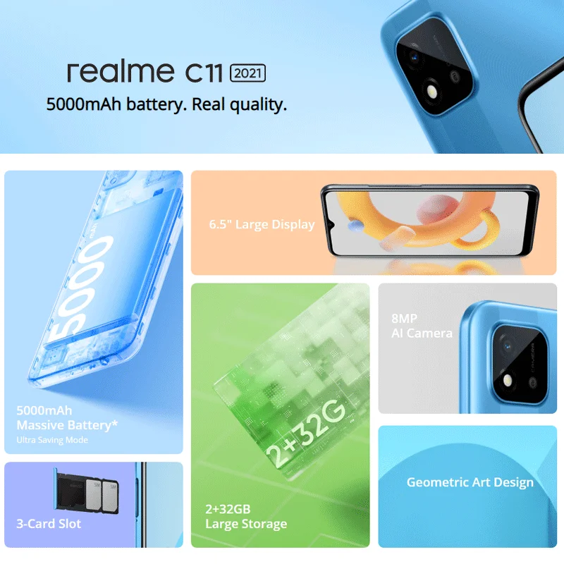 Versione globale Realme C11 2021 4G Cellulari 2GB/4GB RAM 6.5 "HD + Octa-core 8MP AI Camera 5000mAh Batteria Telefoni cellulari