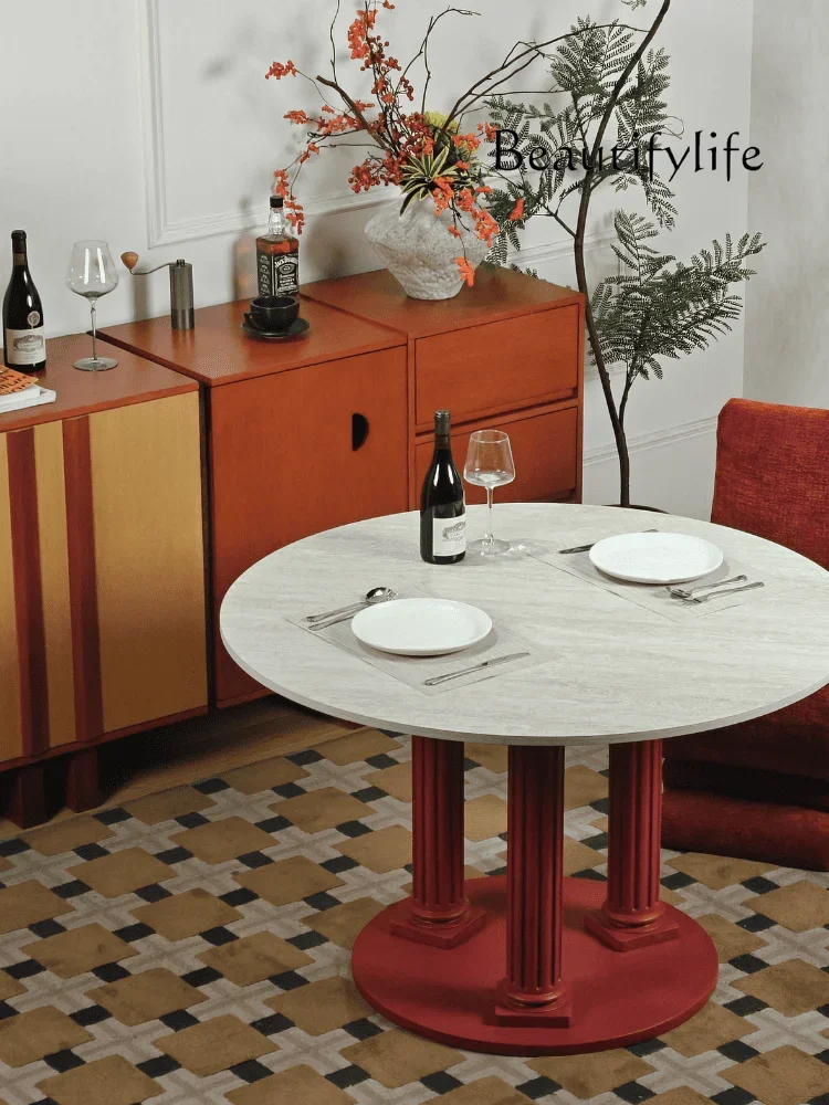 

Roman pillar rock slab round table dining table anti-scratch anti-scalding small apartment European light luxury modern style