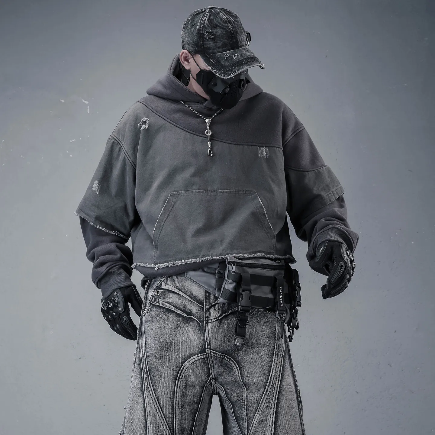 Wasteland design ripped stitching color-block winter fleece-lined thickened hooded sweatshirt hoodie for men