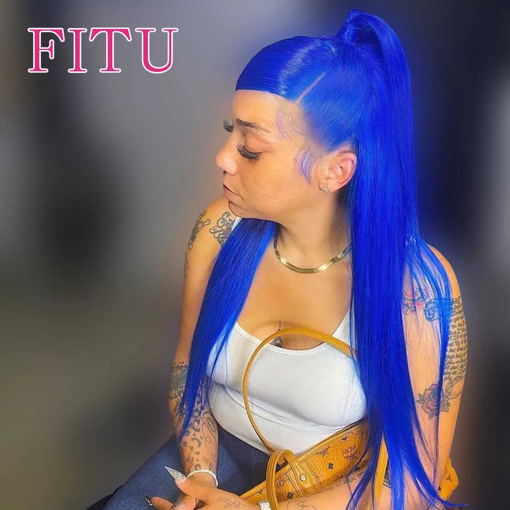

FITU Blue Transparent 13x6 13x4 Lace Frontal Human Hair Wig 613 Colored Plucked With Baby Hair 5x5 Lace Closure Wig