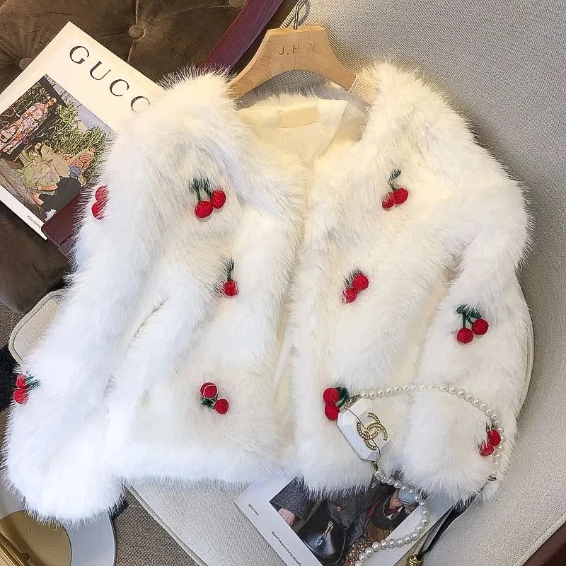 

Women's Faux Fur Coat Winter Long Sleeve Elegant Korean Cardigan 2022 Autumn New Luxury Sweet Fluffy Cherry Jacket