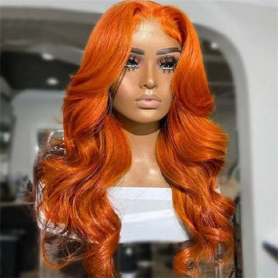 Glueless HD 13x4 Orange Ginger Colored Lace Front Human Hair Wigs Body Wave 30 34 Inch Transparent Lace Frontal Wig Pre Plucked