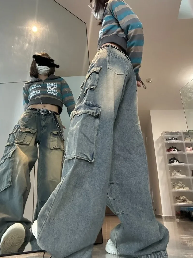 Multi-pocket Design High-street Cargo Pants Women Wide-leg Trendy Washable High-waisted Jeans Women Y2k Baggy Streetwear Women