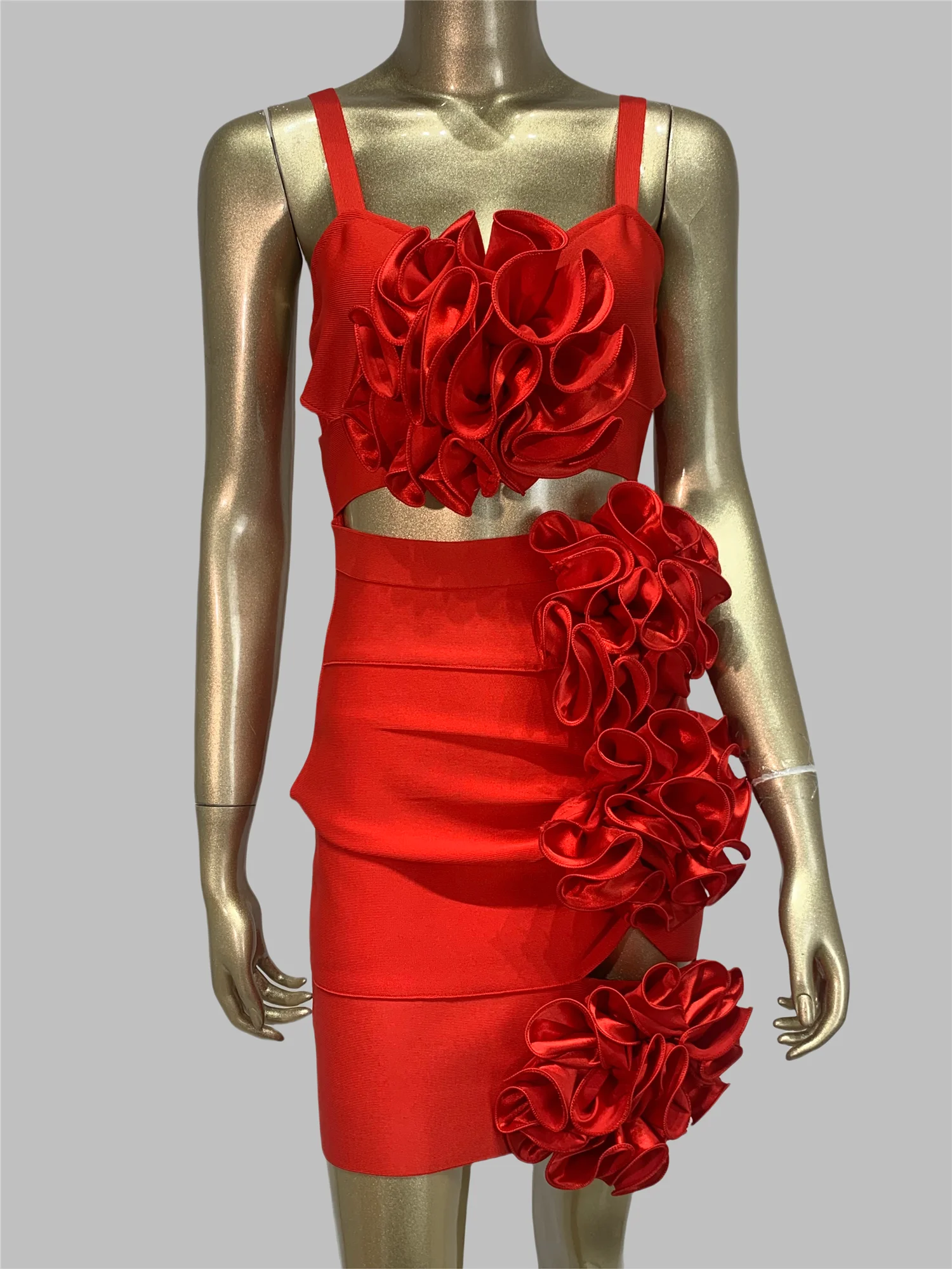 

Women Summer Red Bandage Outfit Strapless Stripe Appliques Crop Top And Mini Skirt Two Piece Sets High Street Evening Club Party