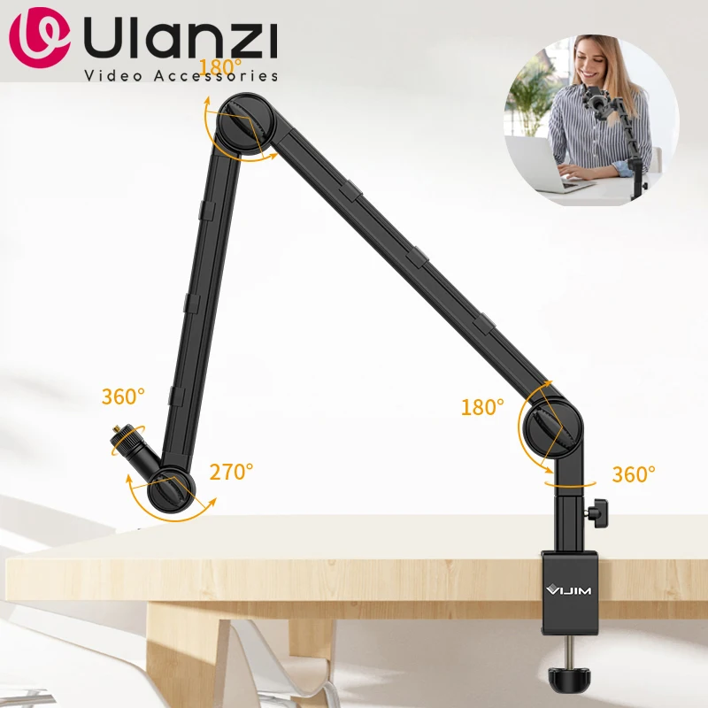 Vijim LS25 Microphone Stand Extendable Metal Suspension Scissor Arm Stand Phone Camera Fill Light Desktop Mic Clip Holder Tripod