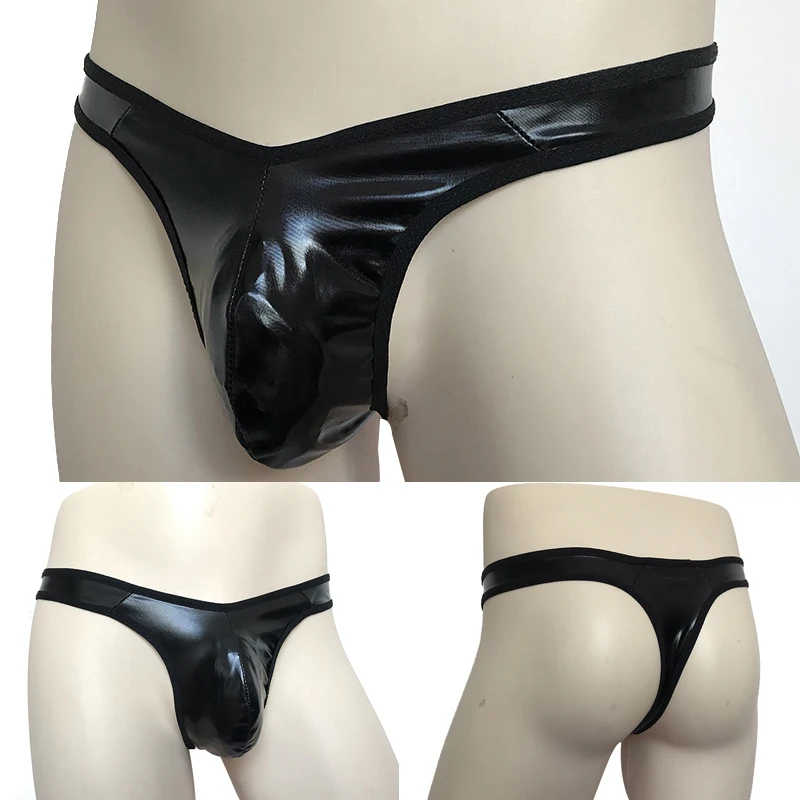 Men Faux Leather Sexy Briefs Thongs T-Back G-String Clubwear Stage Performance Penis Bulge Pouch Underwear Gay Panties Elastic