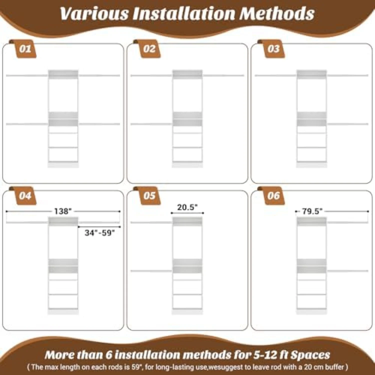 12FT Large Open Closet System, 138'' Wall-Mounted Closet Shelving with 5 Hanging Rods and 6 Shelves, Customizable image 5