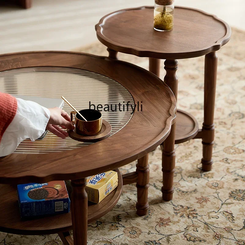 

Black walnut coffee table combination full solid wood living room home tea table modern retro round table small apartment420