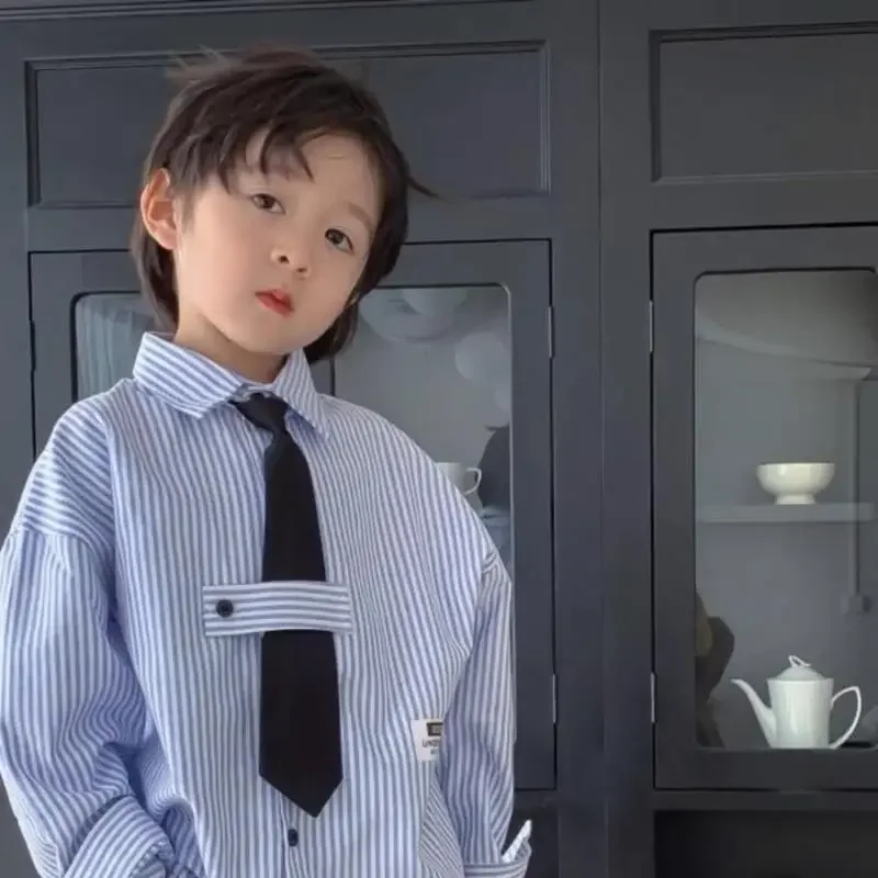 Korean Children\'s Thin Cotton Blue Striped Shirt 2024 New Baby Boy Shirt and Tie Boys Spring and Autumn Long Sleeved Top 1-5T