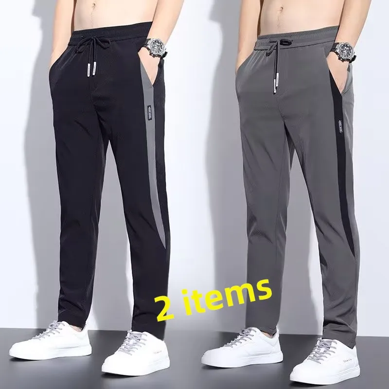 

Мужские повседневные брюки из ледяного шелка прямого кроя, облегающие, дышащие, весенняя новинка, корейский стиль, износостойкие, длинные