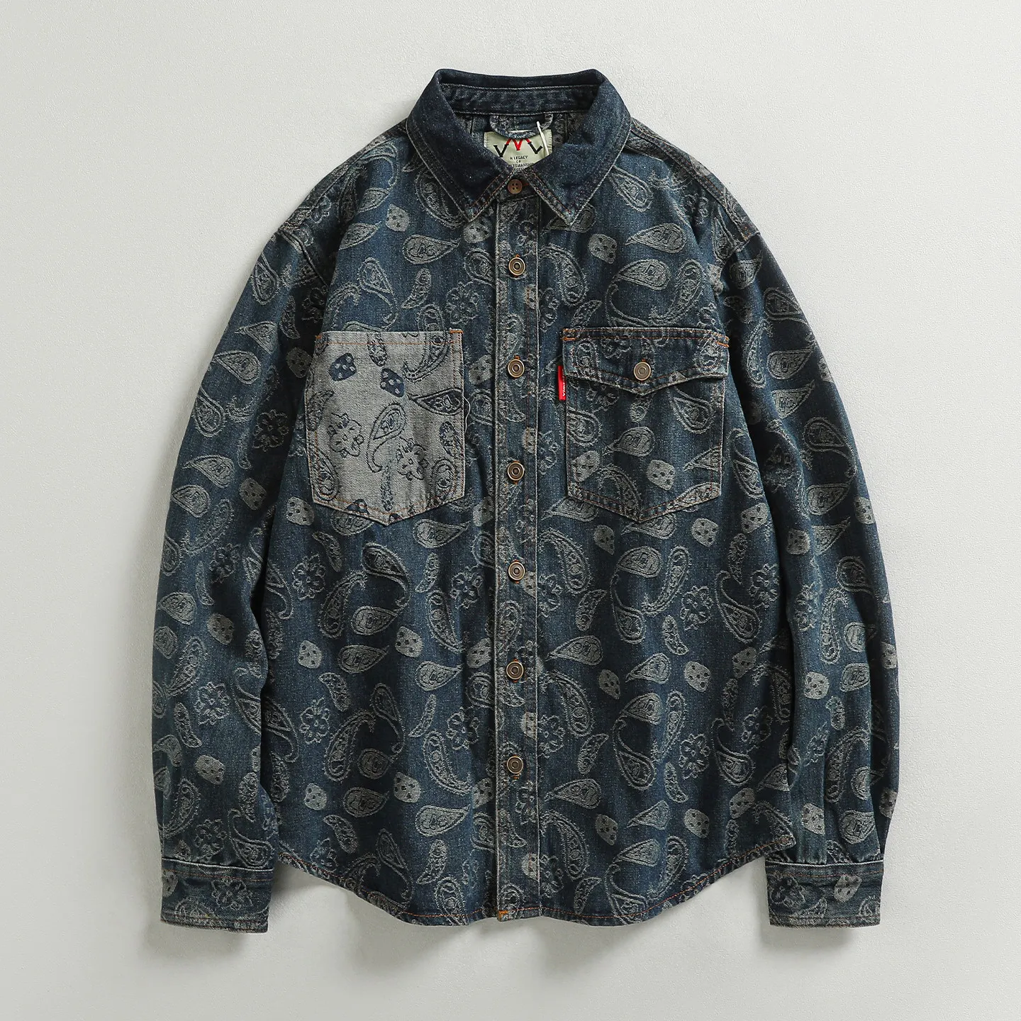

Spring and autumn new retro trendy men's denim long-sleeved shirt work pocket high street trendy shirt