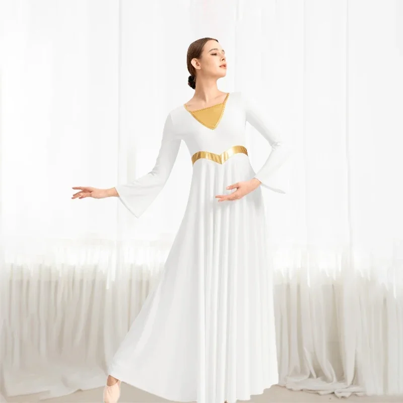 

Women Metallic Splicing Freely Cut Praise Dance Dress Liturgical Long Sleeve Worship Costume